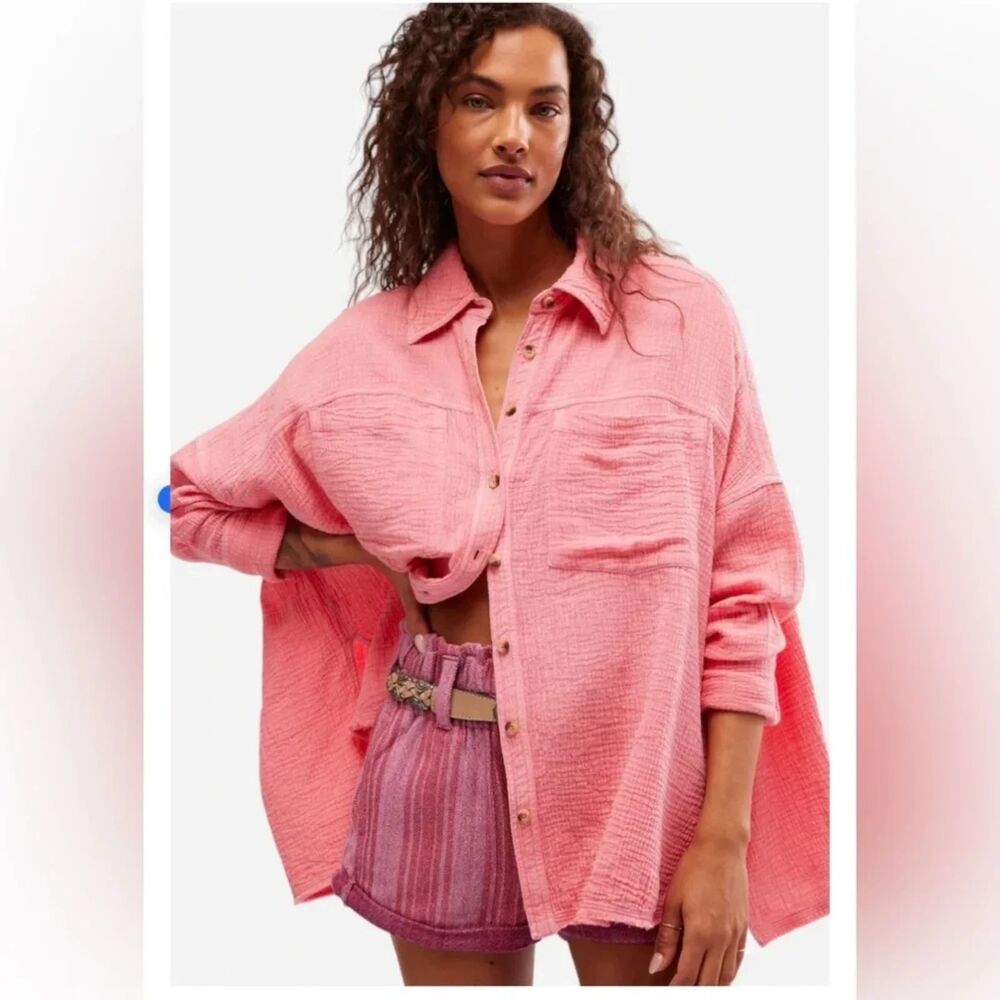 Free People We the Free Cardiff Gauze Button Down Shirt Top Pinky Promise Cotton